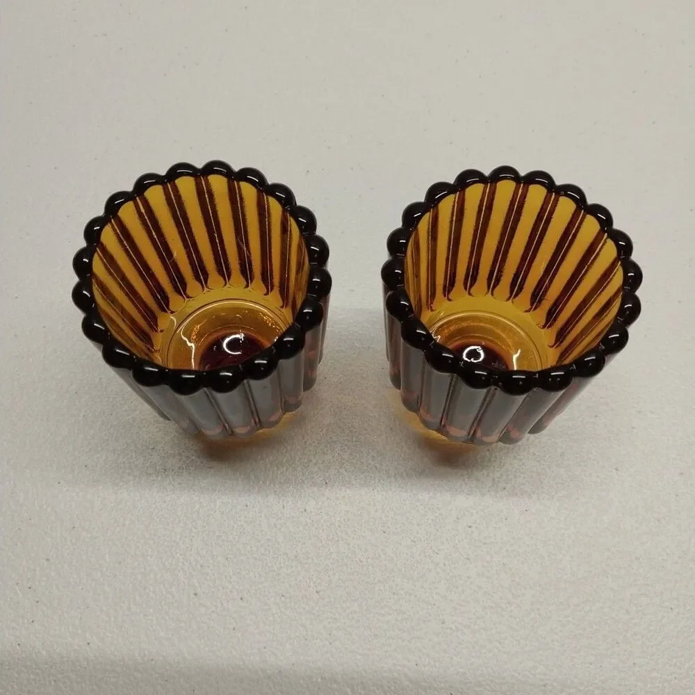 Vintage Dark Amber Ribbed Glass Votive Cup Candle Holders Set Scalloped Rim